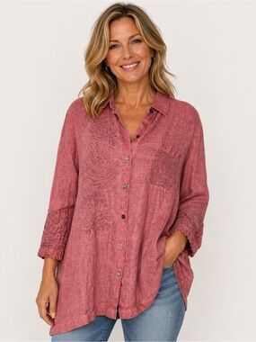 John Mark Red Linen Button Down Shirt Size XL Embroidered Lace Roll Tab Sleeve